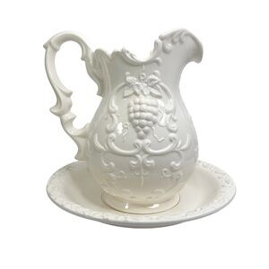 Vintage Decorama Inc White Pitcher & Basin Set Grape & Vine Pattern